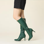 Load image into Gallery viewer, Perphy High Heels Pointed Toe Stiletto Heel Dark Green Knee High Boots for Women 7.5 M US
