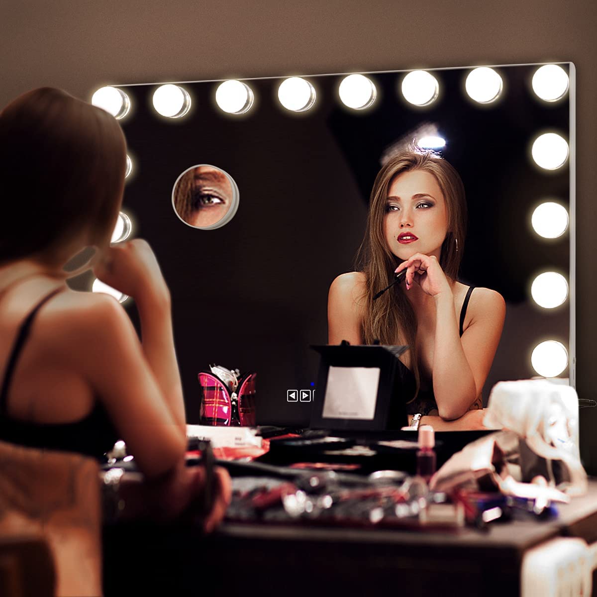 COOLJEEN Large Hollywood Vanity Mirror with Lights Bluetooth 18 Dimmable LED Bulbs, 3 Color Modes Lighted Makeup Mirror with USB Charging Port