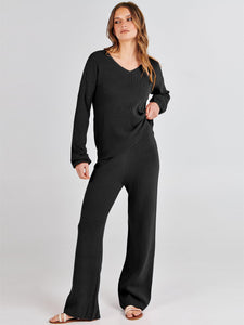 ANRABESS Women 2 Piece Outfits Sweater Lounge Sets Long Sleeve Cable Knit Pullover and Wide Leg Pants Tracksuit Matching Set Black Medium