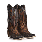 Load image into Gallery viewer, Corral Boots Women's Handcrafted Western Boots | Snip Toe Cowboy Boots with Leopard Print, Fringe and Stud Details
