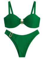 Load image into Gallery viewer, Women’s Bikini Set Two Piece Swimsuit with Metal Accent Top High Cut Bottom Green
