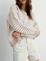 Load image into Gallery viewer, UNCLECAT Women's Striped Checkered Sweater 2025 V Neck Fall Sweaters Casual Knit Trendy Pullover Tops Beige
