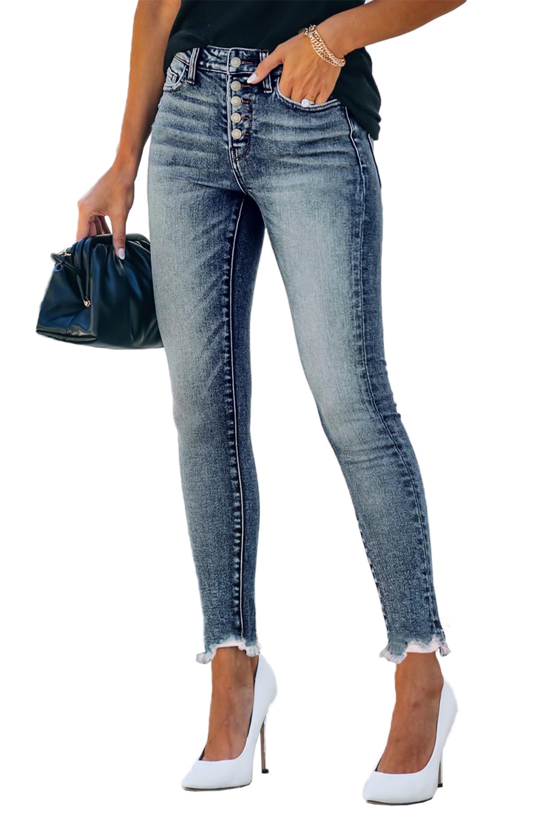 Allimy Womens High Waisted Boyfriend Skinny Stretch Ripped Jeans for Women Trendy Jeggings Destroyed Denim Pants Capri Leggings Mom Jeans Blue 8