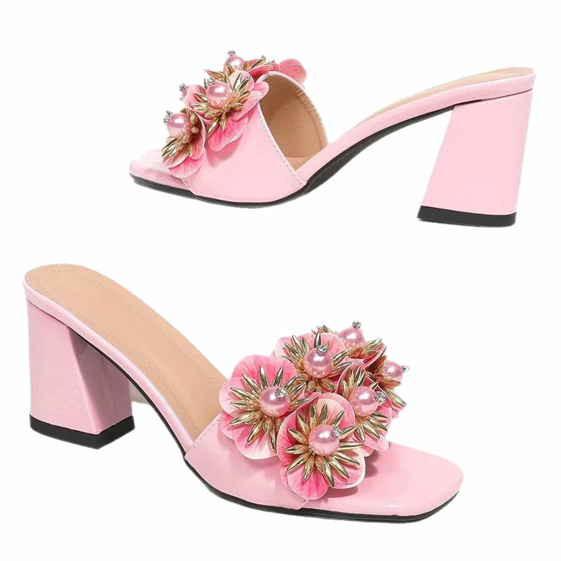 DONRRNDK Women's Pink Flower Block Heel Slides 3D Floral Pearl Decor Open Toe Mule Sandals Elegant Chunky Heel Slip-On Shoes for Wedding Party (Pink,11)