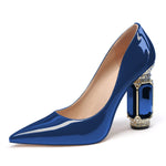 Load image into Gallery viewer, JANSEVEN Women Chunky Heels Pumps Royal Blue Crystal Block Heels with Rhinestones 4 Inches Pointed Toe Sexy Patent Leather Slip on Bridal Party Wedding Dress Shoes US Size 7.5
