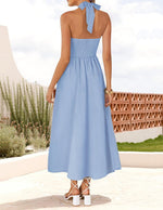 Load image into Gallery viewer, ZESICA Women's Summer Sleeveless Halter Midi Dress 2026 Off Shoulder High Waist Flowy Beach Wedding Guest Long Dresses Blue Small
