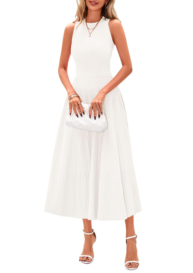 PRETTYGARDEN Spring Casual Dresses for Women 2025 Summer Business Work Midi Sleeveless A Line Pleated Cocktail Dress(White,Medium)