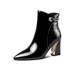 Load image into Gallery viewer, TinaCus Glossy Patent Leather Women's Handmade Chunky Heel Pointed Toe Side zip Up Ankle Booties with Exquisite Buckle Decor(black, US5.5)
