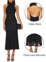 Load image into Gallery viewer, JLCNCUE Women's Elegant Halter Neck Floral Lace Mermaid Maxi Dress Sleeveless Open Back Cocktail Wedding Guest Dress 399(Large,Black)
