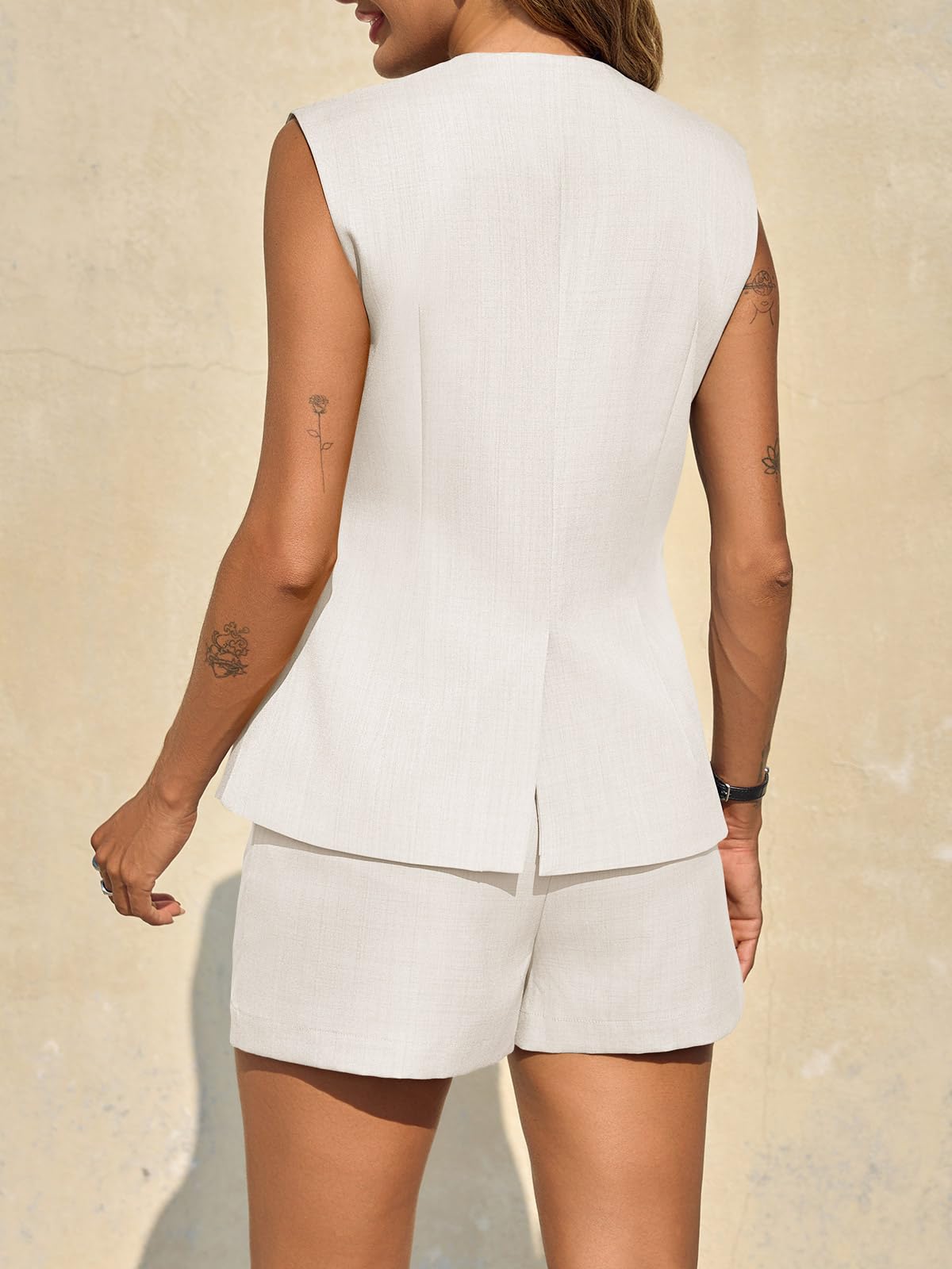 Tankaneo Womens 2 Piece Outfits Casual Suit Sets Sleeveless Button Down Blazer Vest Shorts Office Business Matching Set, White, Medium