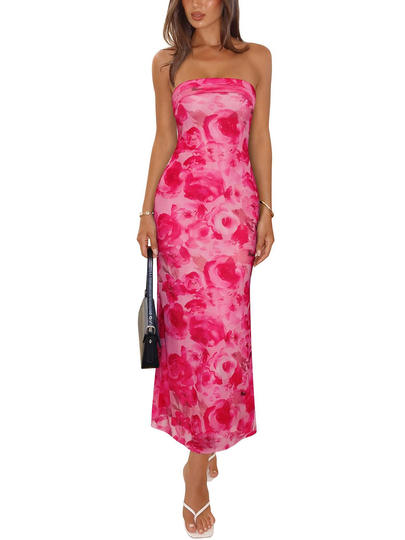 REORIA Women's 2026 Summer Floral Mesh Strapless Midi Dress Backless Beach Wedding Guest Cocktail Party Dresses Pink Floral X-Large