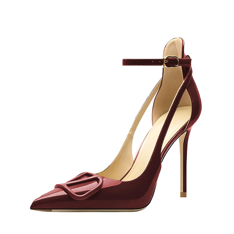 Qunvngutui Women's Pointed-Toe Bag-Toe Strappy V Buckle High-Heeled Shoes Sexy Stiletto Pumps Wine Red Patent Leather US7.5