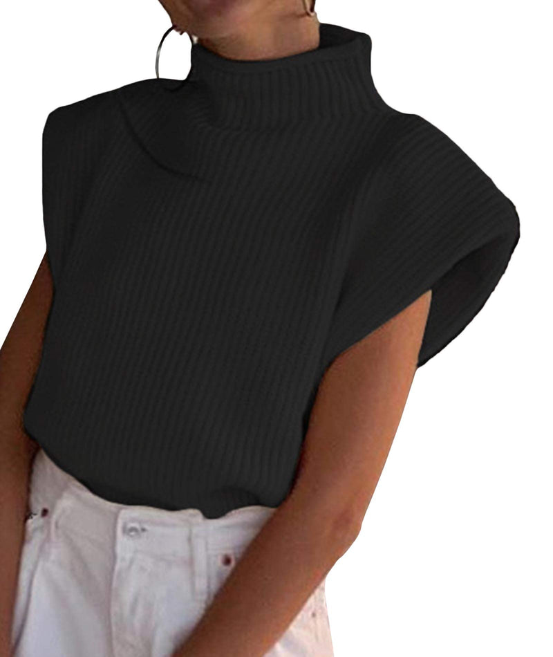 xxxiticat Women's Shoulder Pad Sweater Sleeveless Turtleneck Wide Shoulder Knitted Black Sweater Vest Crop Neutral Top(BL,M)