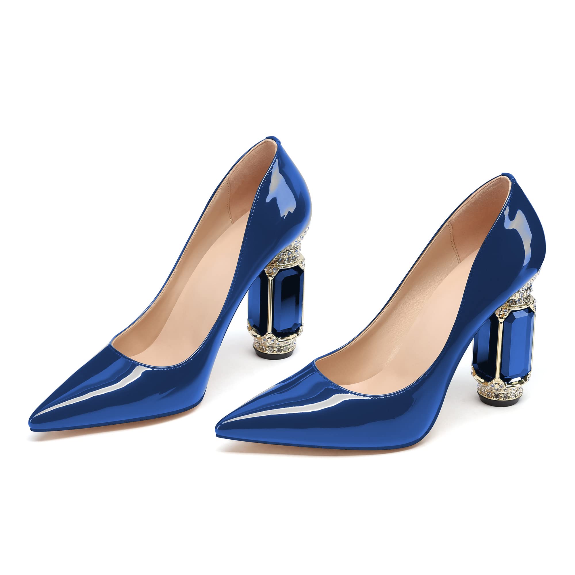 JANSEVEN Women Chunky Heels Pumps Royal Blue Crystal Block Heels with Rhinestones 4 Inches Pointed Toe Sexy Patent Leather Slip on Bridal Party Wedding Dress Shoes US Size 7.5