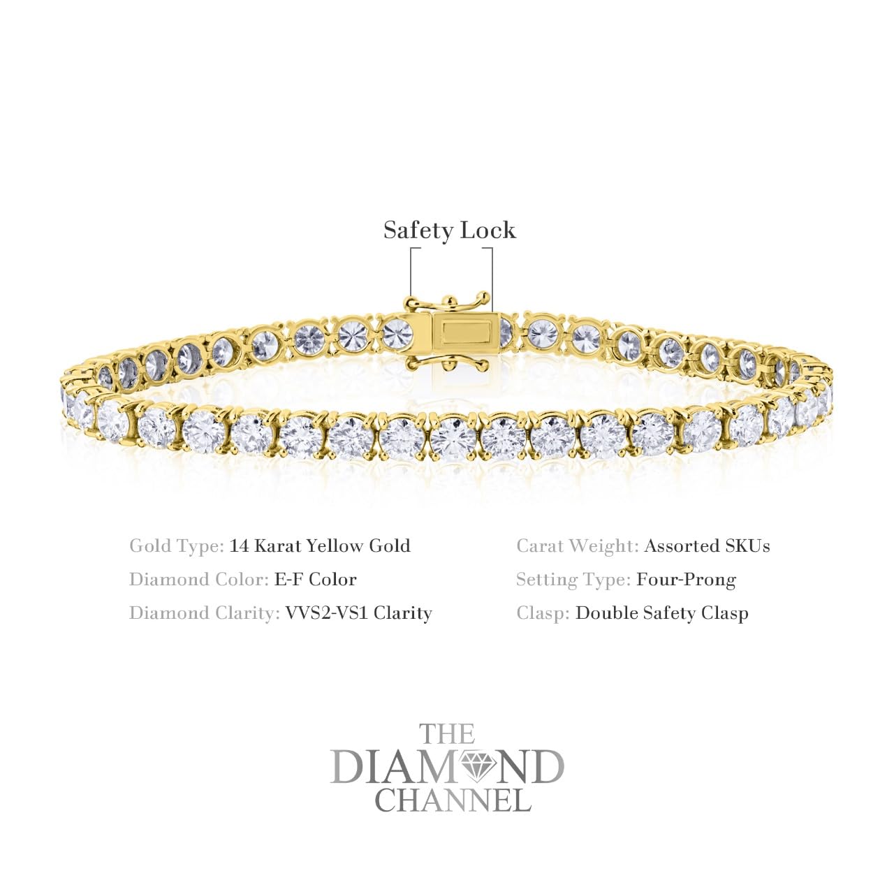 The Diamond Channel CERTIFIED 14 Karat Solid Gold LAB GROWN Diamond Tennis Bracelet. Push Safety Lock, 7 Inch Length (E-F Color, VS1-VS2 Clarity) (yellow-gold, 1 cttw)