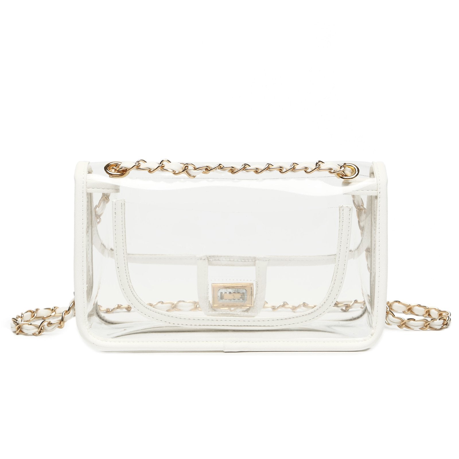 LAM GALLERY Womens PVC Clear Purse Handbag with Chain Stadium Approved Clear Bag See Through Bag for Working and Concert (White Gold Large)