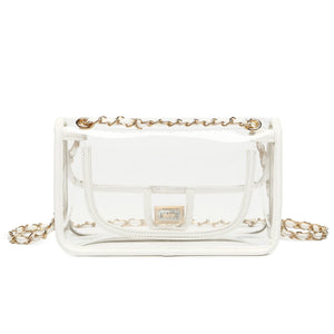 LAM GALLERY Womens PVC Clear Purse Handbag with Chain Stadium Approved Clear Bag See Through Bag for Working and Concert (White Gold Large)