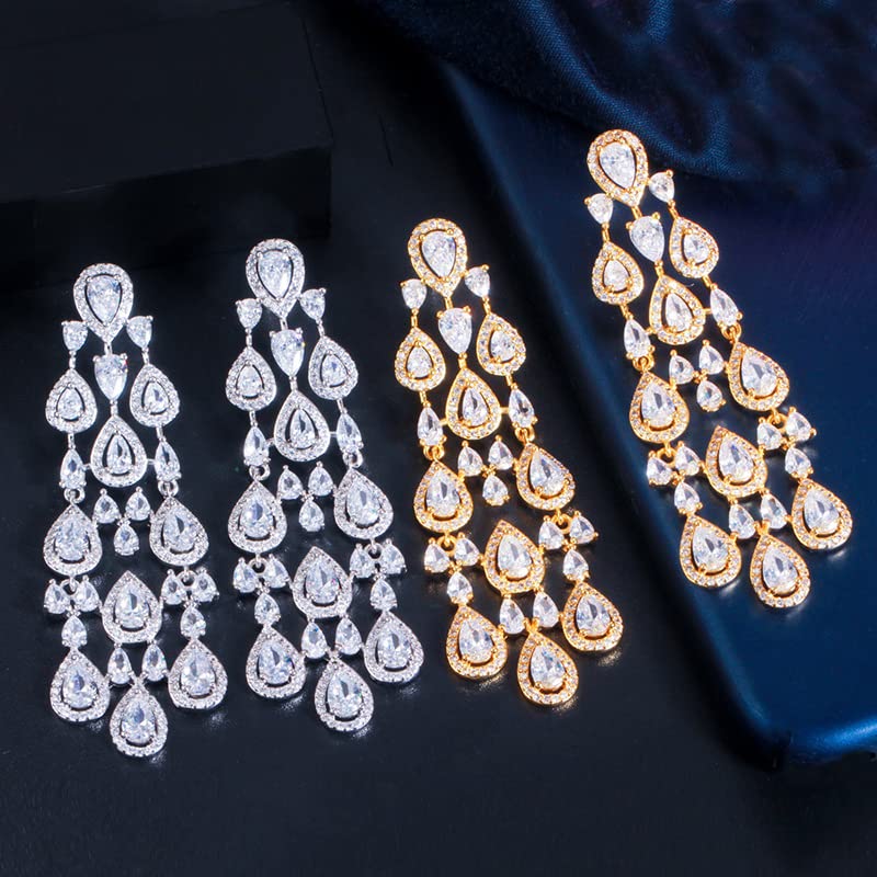 18K Gold Natural Crystal Chandelier Earrings for Women,Dainty Moissanite Tassel Style Long Drop Earrings,Luxury Jewelry Gift for Her (White Gold, 18K Gold)