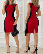 Load image into Gallery viewer, Ninimour Bodycon Dress Colorblock Sleeveless Dresses Back Slit Zipper Crew Neck Elegant Cocktail Dress for Women-r-M Red
