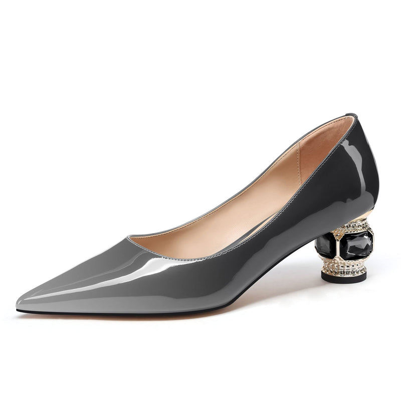 JANSEVEN Women Chunky Heels Pumps Crystal Block Heels with Rhinestones 2 Inches Pointed Toe Sexy Gradient Patent Leather Slip on Bridal Party Wedding Dress Shoes US Size 8.5