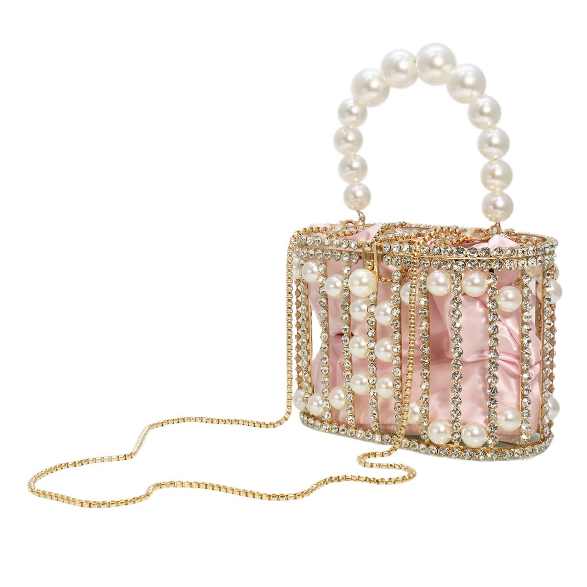 Tasysain Women Rhinestone Cage Bag Sparkling Hollow Pearl Evening Clutch Glitter Double-layer Detachable Basket Handbag, Pink