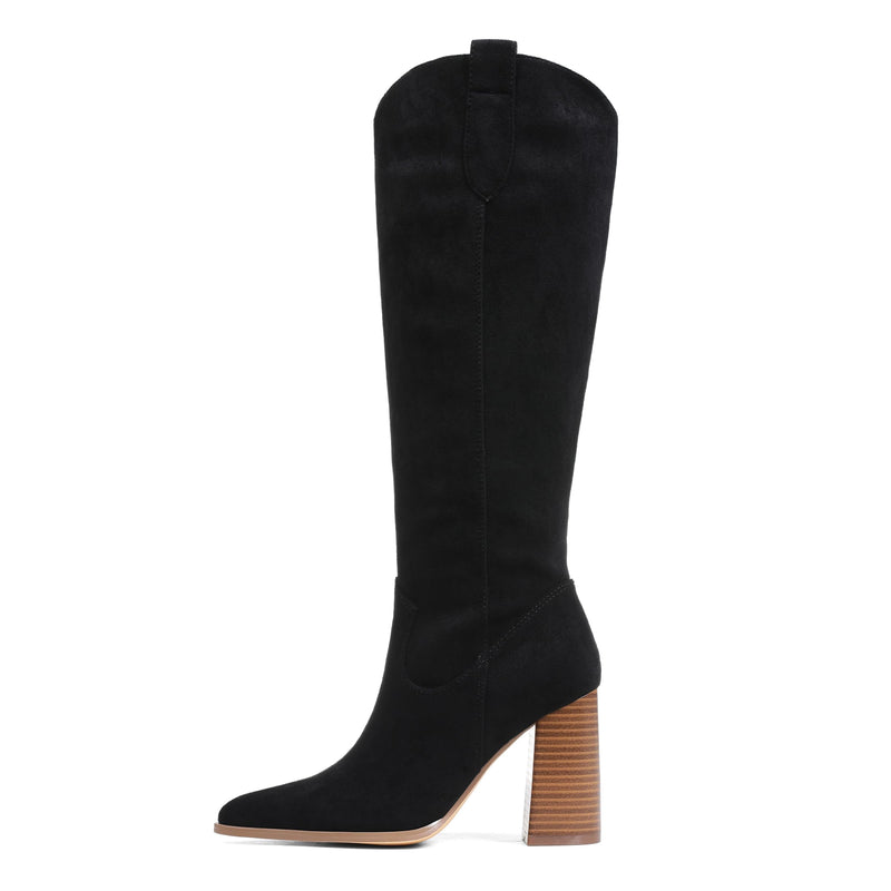 MeiLuSi Fall Boots for Women 2025 Black Knee High Cowboy Boots, Tall Suede Shoes Fashion Cowgirl Shoes Chunky High Heel