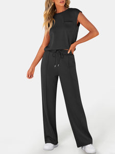 ANRABESS Two Piece Sets for Women Summer Sleeveless Sweatsuits Wide Leg Casual Lounge Set Matching Vacation Travel Outfits Medium