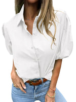 Load image into Gallery viewer, Tankaneo Women&#39;s Button Down Shirts Short Puff Sleeve Collared Dressy Casual Blouse Tops White

