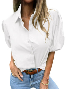 Tankaneo Women's Button Down Shirts Short Puff Sleeve Collared Dressy Casual Blouse Tops White