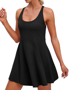 IUGA Womens Tennis Dress Built in Shorts & Bra Adjustable Straps Exercise Workout Dress with Pockets Golf Athletic Dresses Black