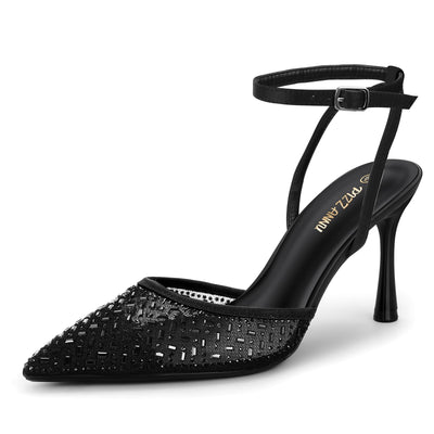PIZZ ANNU Women's Cienna High Heels Sexy Stiletto Pumps Closed Toe Mesh Sparkly Rhinestones Ankle Strap Dress Wedding Party Pumps Shoes, Black 8