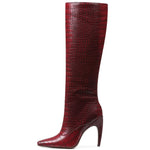 Load image into Gallery viewer, femflame Red Knee High Boots for Women Wide Calf Long Boots Crocodile Square Toe Side ZIpper Stiletto Heel Tall Boots
