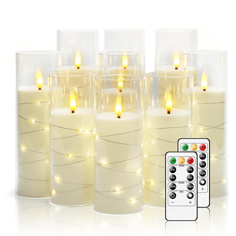 Nimiko Flickering Flameless LED Candles, 9 Pcs with Embedded Star String, Acrylic LED Pillar Candles with Remote, Suitable for Home Decoration (White)