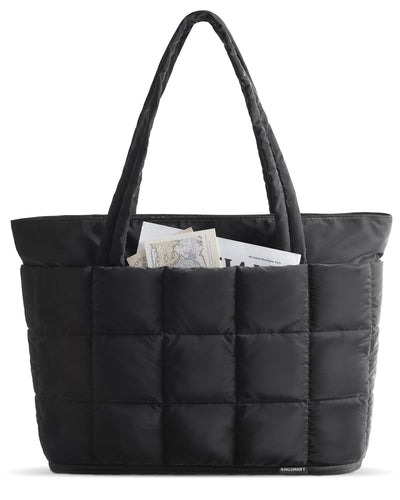 BAGSMART Expandable Tote Bag for Women, Zippered Puffer Design with Water-Resistant Quilted, Nurse and Carry-On Travel Bag, Black