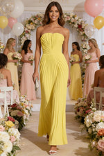 Load image into Gallery viewer, DJFLFU Strapless Bridesmaid Dress Pleated Chiffon Long Formal Prom Dress for Cocktail Party Gowns Light Blue
