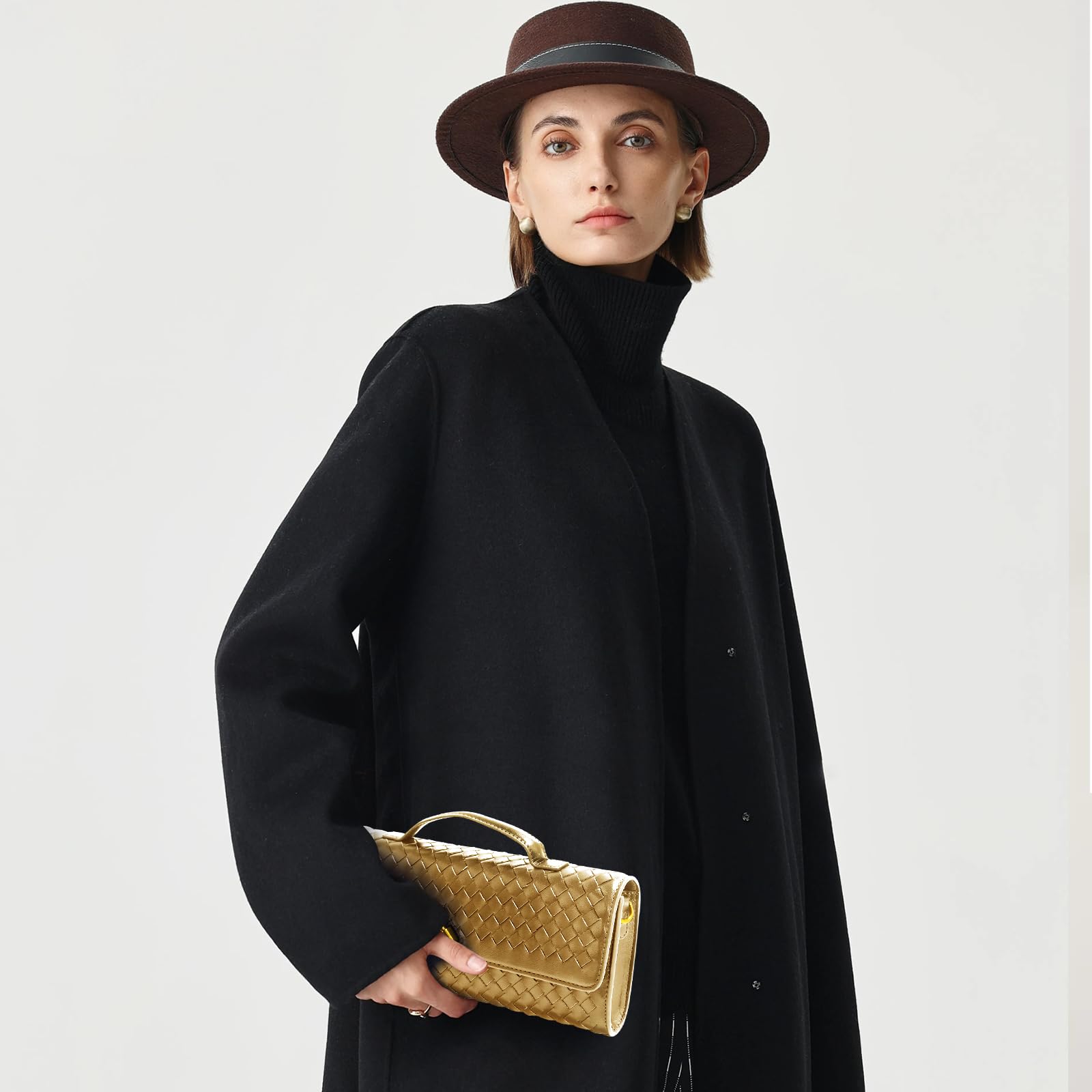Jumping Deer Woven Clutch Purses for Women, Gold Clutch Formal Satchel Leather Evening Bag Shoulder Handbag, Gold