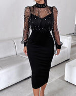 Load image into Gallery viewer, CHICME Sexy Black Dress for Women Mock Neck Bodycon Midi Dress Long Sleeve Sheer Dresses Beaded Night Club Party Dresses Black-XL
