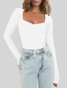 Chunpin Women's Sexy Square Neck Long Sleeve Bodysuit Double Lined Tops Thong Bodysuit White XL
