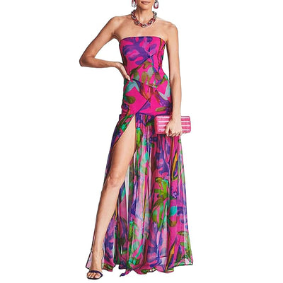 Women Tube Top Dress Tiger Stripe Mesh Patchwork Maxi Dress Strapless Sexy High Slit Long Dresses Party Clubwear (Purple,S)