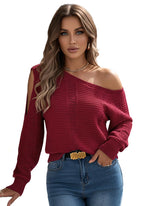 Load image into Gallery viewer, ACWUMU Womens Off Shoulder Crochet Sweater Fall Fashion 2025 Knit Tops Casual Long Sleeve Pullover Sweaters Burgundy
