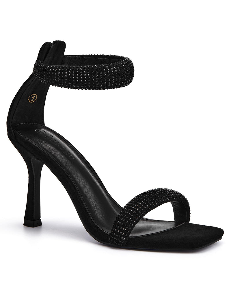 Coutgo Womens Rhinestone High Heels Sandals Ankle Strap Open Square Toe Sexy Stiletto Pumps Evening Party Dress Shoes