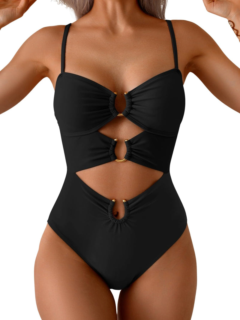 Eomenie Womens Cutout One Piece Swimsuit with Ring Linked Sexy Monokini Bathing Suit for Beach Vacation Black