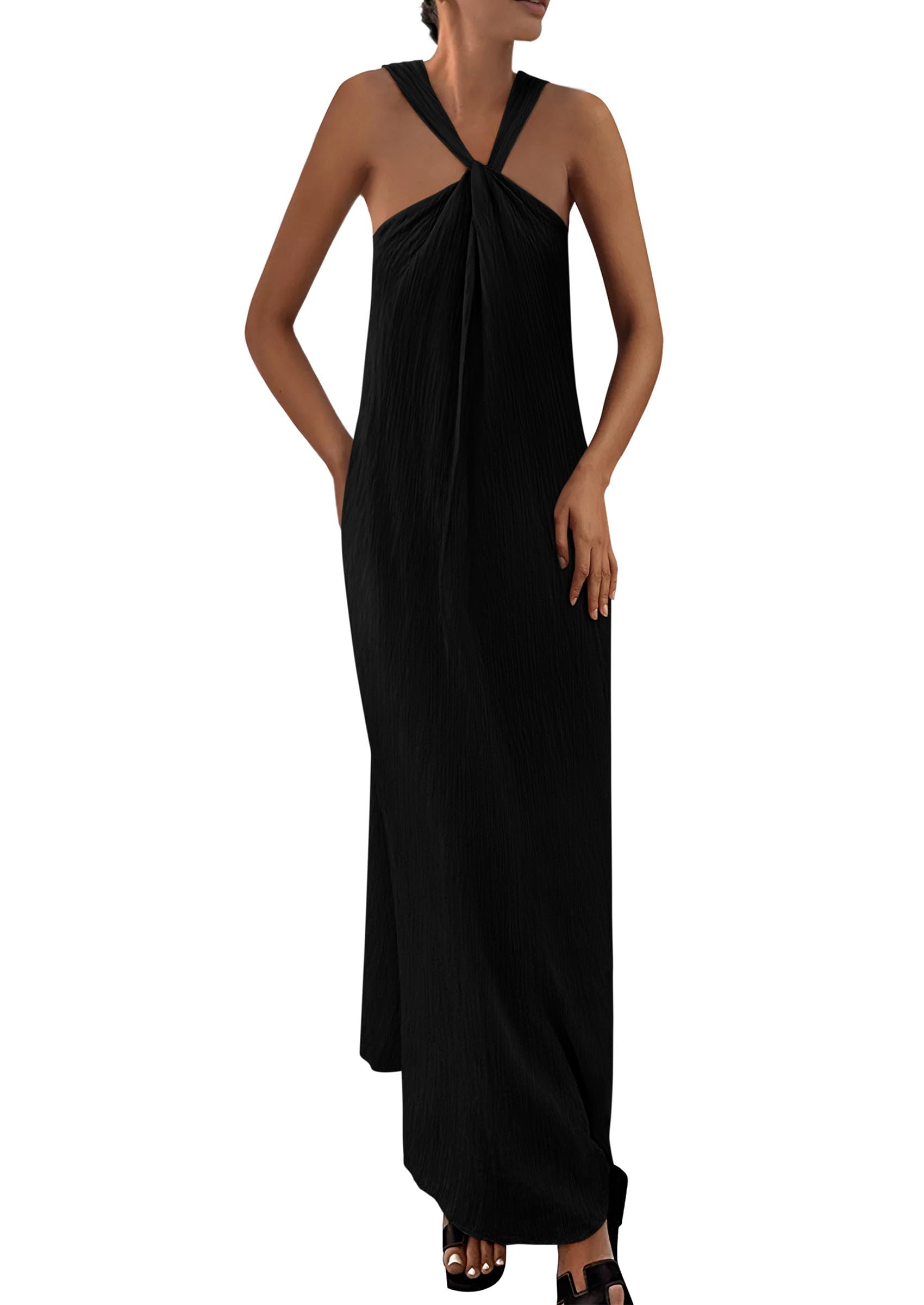 PRETTYGARDEN Womens 2025 Casual Long Summer Dresses Sleeveless Strappy Loose Flowy Beach Vacation Maxi Dress with Pockets (Black,Medium)