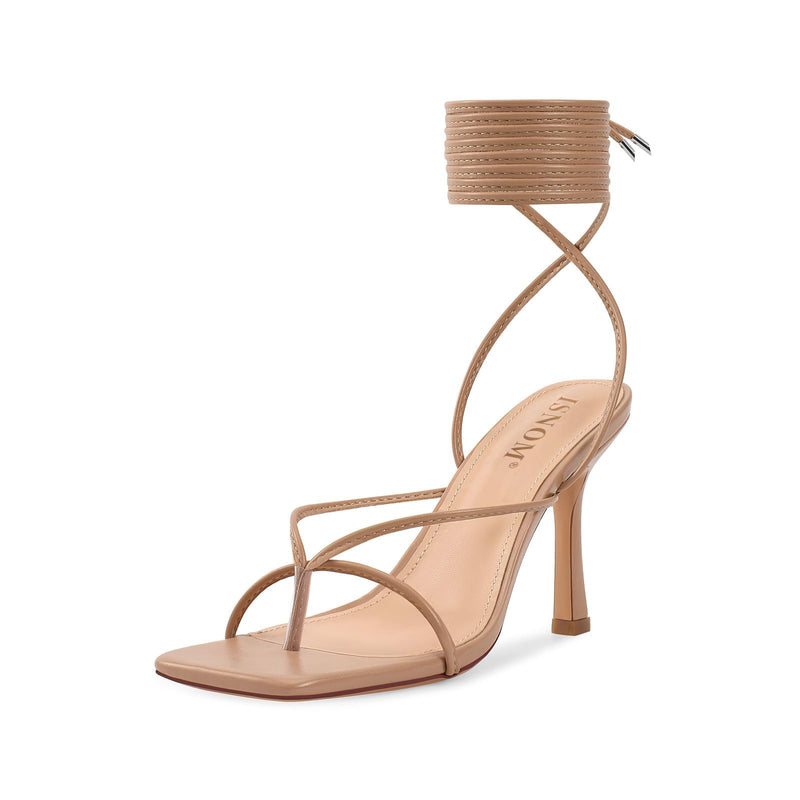 ISNOM Nude Heels Lace Up Heels Sandals for Women Nude Strappy Heels Tie Up Heels High Heels Women Square Toe Open Toe Heels Thong Heels Women's Stiletto Heeled Sandals-Nude, 6