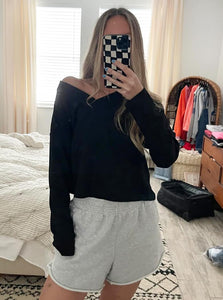 Poetsky Women's Waffle Knit Cropped Top V Neck Long Sleeve Pullover Sweater Casual Solid Crop Sweatshirts Black M