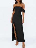 Load image into Gallery viewer, Caracilia Womens Summer Off The Shoulder Formal Bodycon Maxi Dresses High Slit Ruffle Hem Mesh Wedding Guest Cocktail Dress Black Medium
