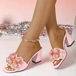 Load image into Gallery viewer, DONRRNDK Women's Pink Flower Block Heel Slides 3D Floral Pearl Decor Open Toe Mule Sandals Elegant Chunky Heel Slip-On Shoes for Wedding Party (Pink,11)
