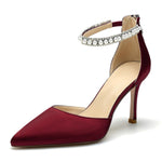 Load image into Gallery viewer, Pointed Toe Pearl Wedding Shoes for Bride Burgundy High Heels Satin Bridal Shoes Zipper Back Evening Party Dance Dresses Shoes Pumps for Women Size 11.5
