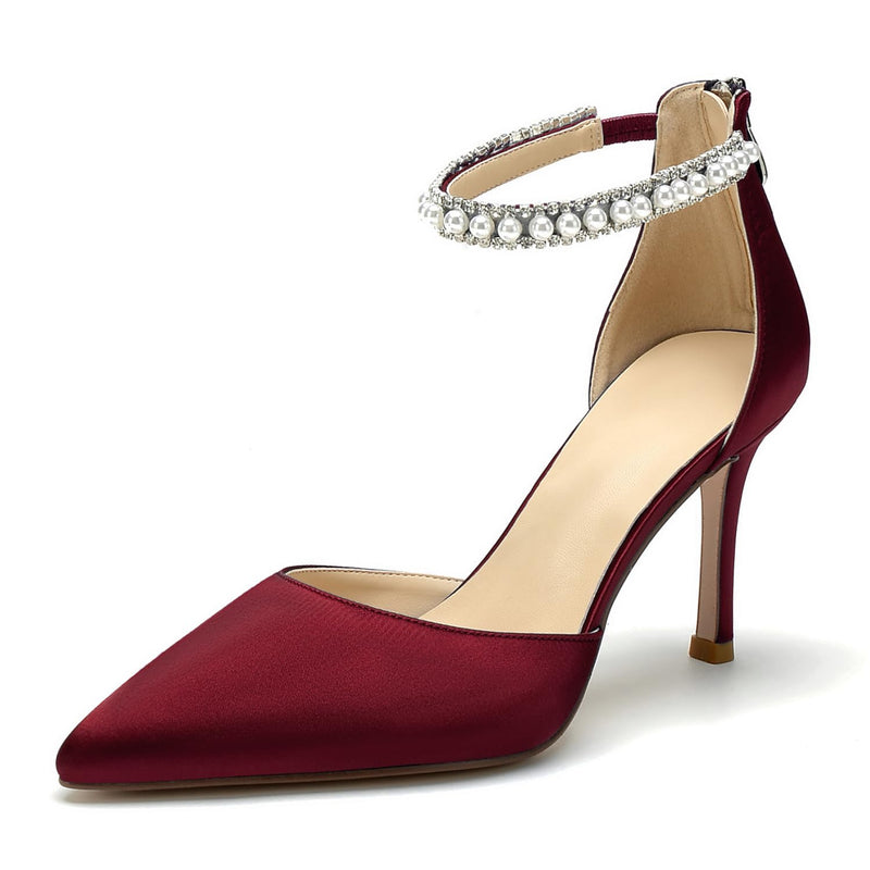 Pointed Toe Pearl Wedding Shoes for Bride Burgundy High Heels Satin Bridal Shoes Zipper Back Evening Party Dance Dresses Shoes Pumps for Women Size 11.5