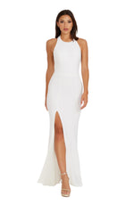 Load image into Gallery viewer, Dress the Population Women's Paige Crepe Knit, Floor Length, Mermaid, Halter Neck Dress, White, Medium
